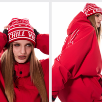 Person wearing a red hoodie and matching beanie with 'CHILL WHITE' text on a white background