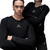 Two people wearing protective gear with a brand logo on a white background