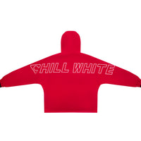 Red hoodie with 'CHill White' branding on a white background