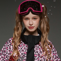 Person wearing a leopard print jacket with pink accents and goggles, with 'LEMONSNOOW' branding.