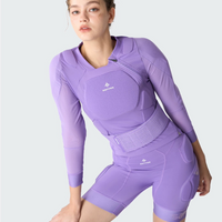 Person wearing a purple protective body armor with 'saffee' branding on a white background