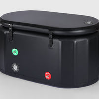 A compact, black inflatable ice bath tub , designed for easy portability and versatile use in cold water therapy or relaxation routines.