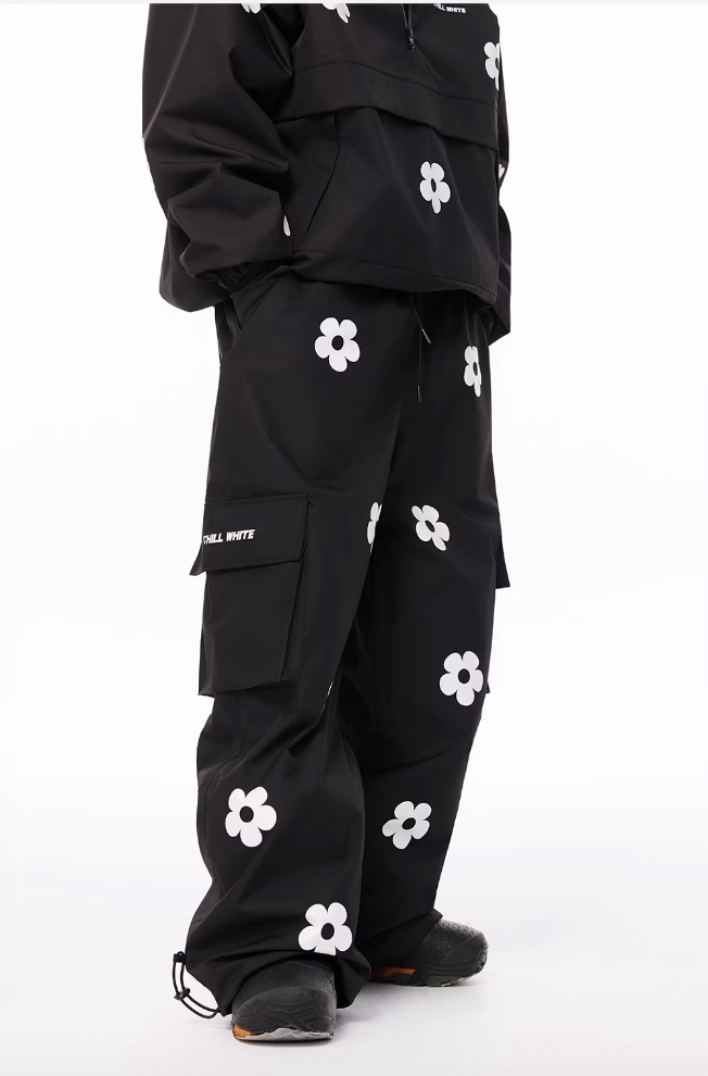 Black outfit with white floral patterns on a white background