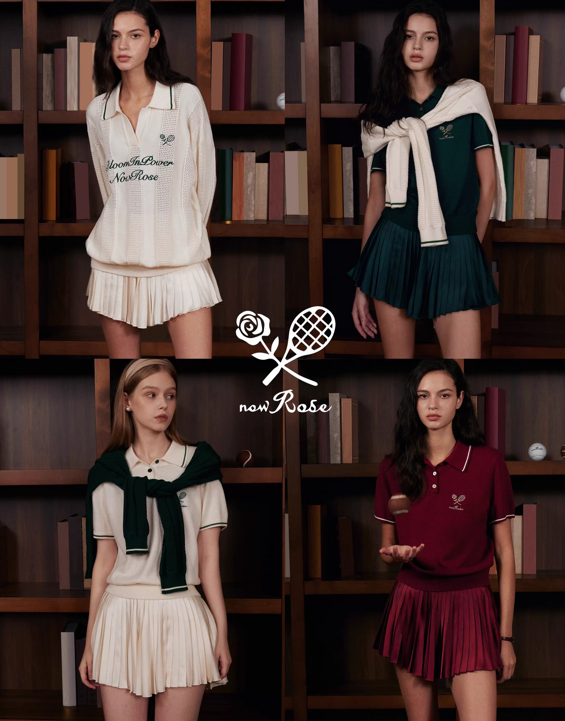 Four women wearing different outfits in front of a bookshelf, with &