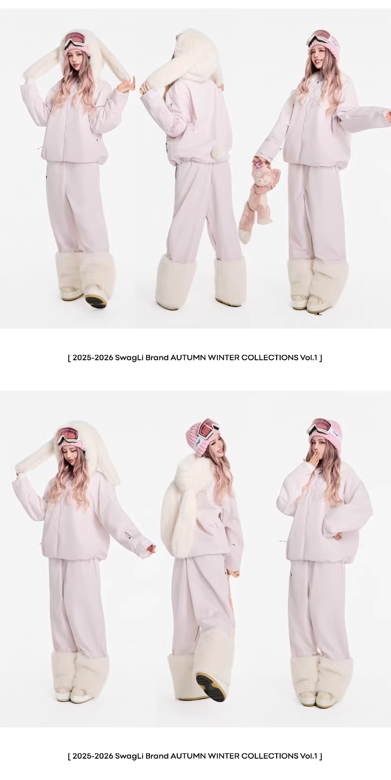 White winter outfit with fur trim worn by a model on a white background