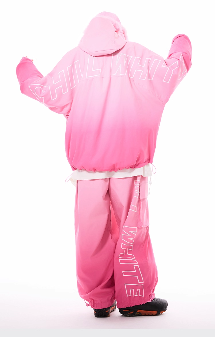 Pink raincoat and pants with brand logo on a white background
