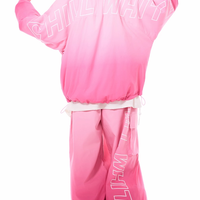 Pink raincoat and pants with brand logo on a white background
