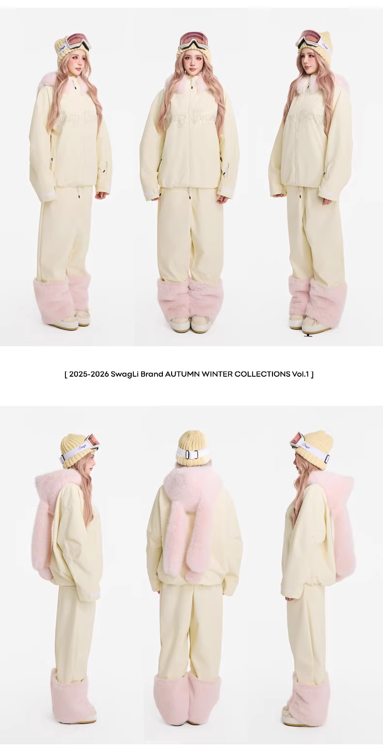 Collage of a person wearing a cream-colored onesie with pink accents and matching headband in various poses.