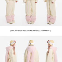 Collage of a person wearing a cream-colored onesie with pink accents and matching headband in various poses.
