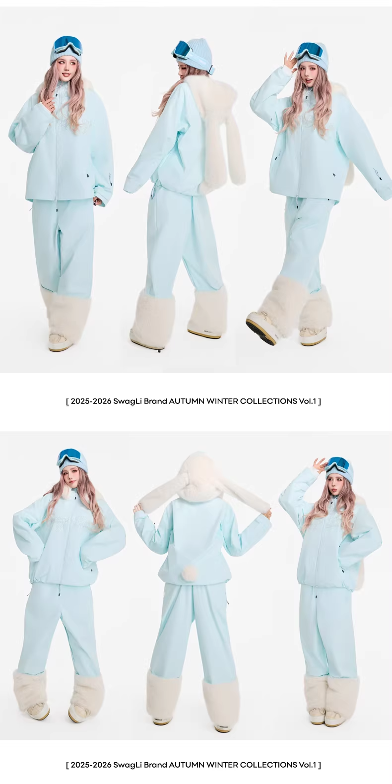 Light blue winter outfit with beige boots and accessories on a white background