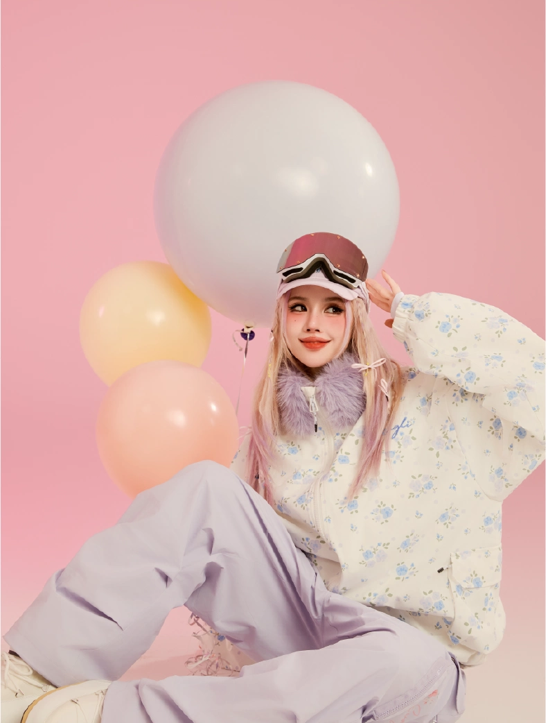 Person in stylish outfit with balloons on a pink background, featuring Swego brand autumn winter collection.