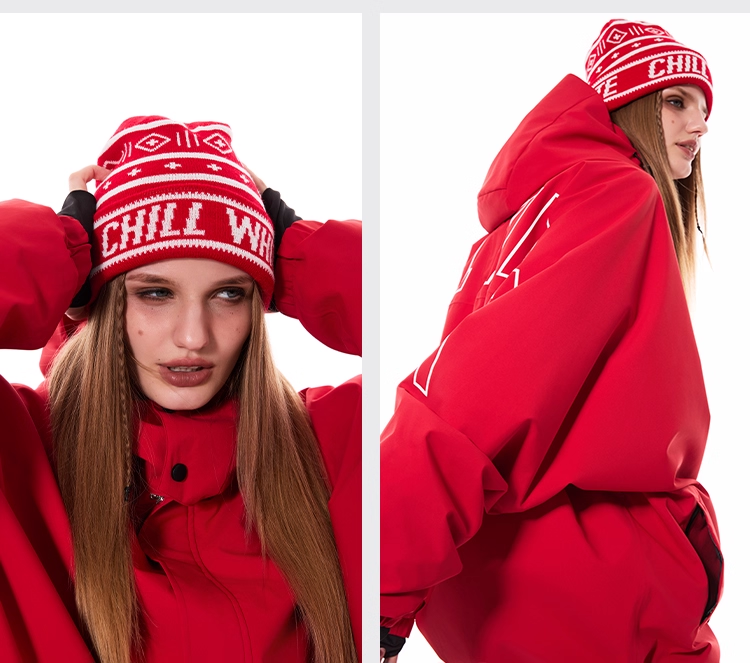 Person wearing a red hoodie and matching beanie with &