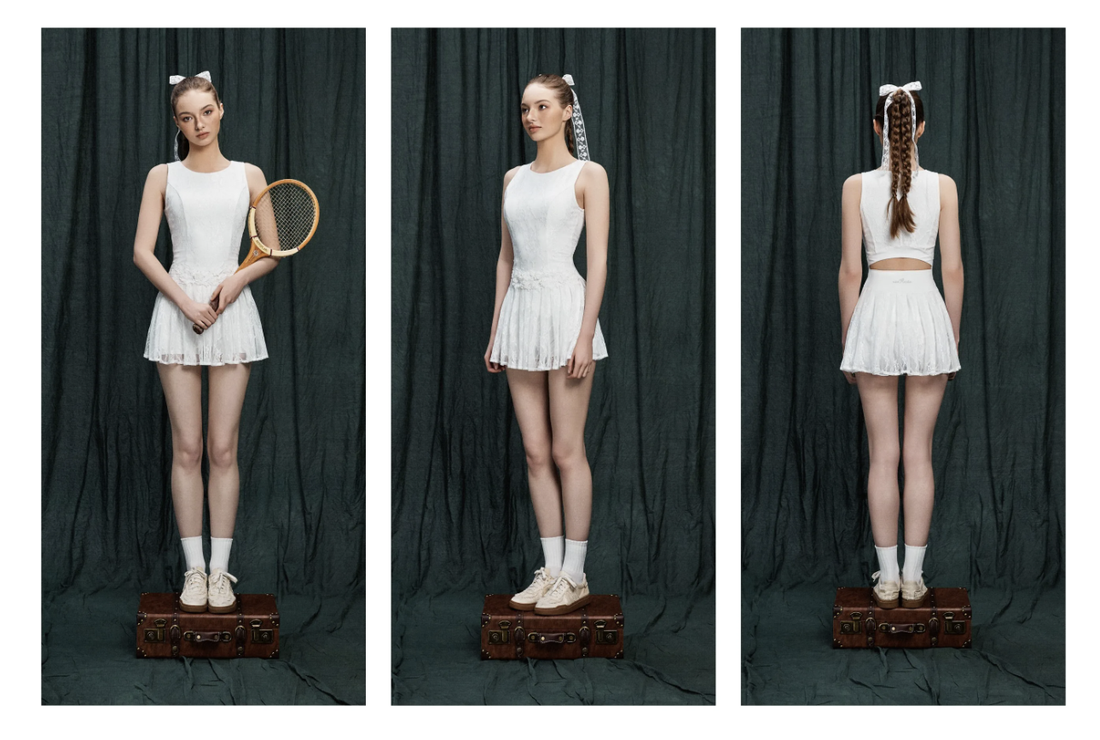 Three views of a person in a white tennis outfit against a black curtain.