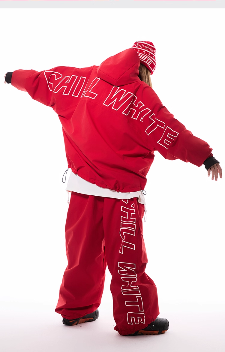 Person wearing a red 'CHILLWHITE" outfit on a white background