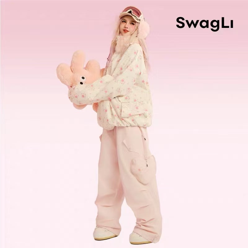 Swagli Floral Pattern with Fur Collar Snowboarding Jacket