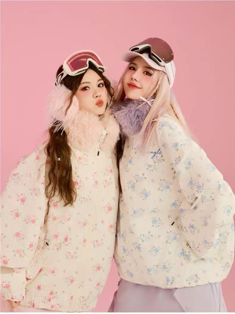 Swagli Floral Pattern with Fur Collar Snowboarding Jacket
