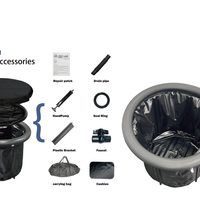 Portable black folding ice bath with liner, includes repair patch, drain pipe, seal ring, hand pump, bracket, carry bag, faucet, and cushion – ideal for professional ice therapy.