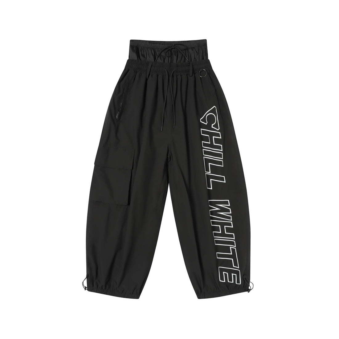 Black pants with 'CHILL WHITE' text on a white background