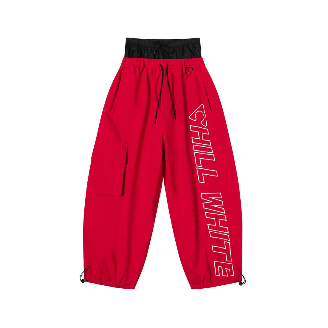 Red pants with 'CHILL WHITE' text on a white background