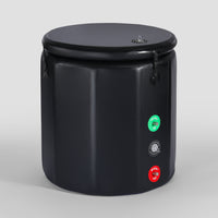 A black inflatable multi - sided ice bath tub with a lid, featuring inlet and outlet valves for water flow control.