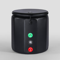 Front view of a black inflatable multi - sided ice bath tub with a lid, featuring inlet and outlet valves for water flow control.