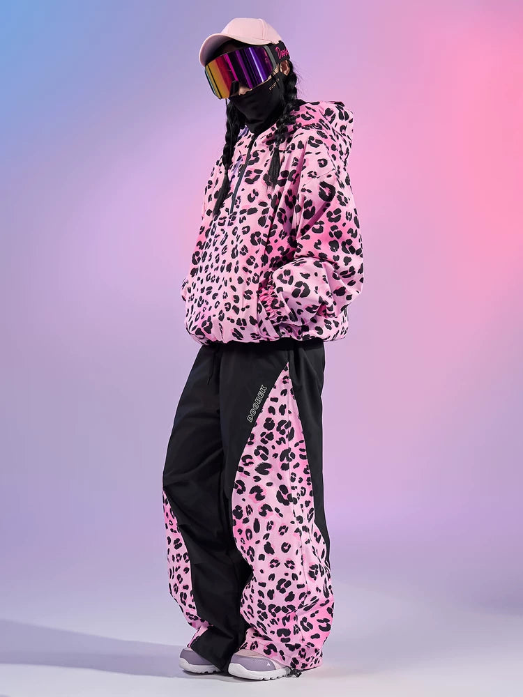DOOREK Pink Leopard Print Waterproof Ski Suit Set