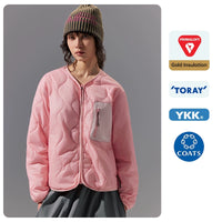 Person wearing a pink midlayer with brand logos on a gray background