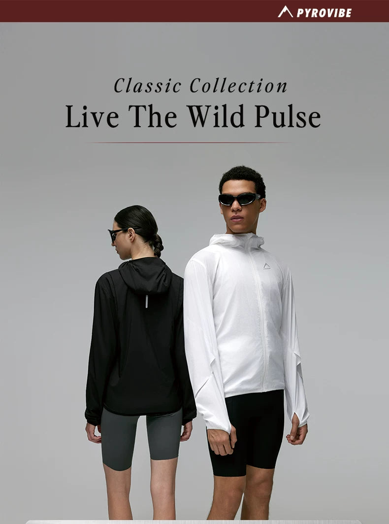 Two people wearing athletic clothing with 'Pyrovibe' branding and 'Live The Wild Pulse' text on a gray background.