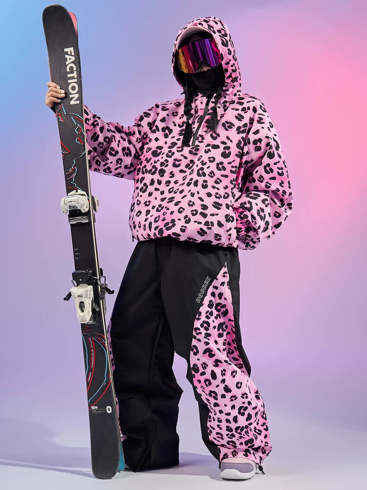 DOOREK Pink Leopard Print Waterproof Ski Suit Set