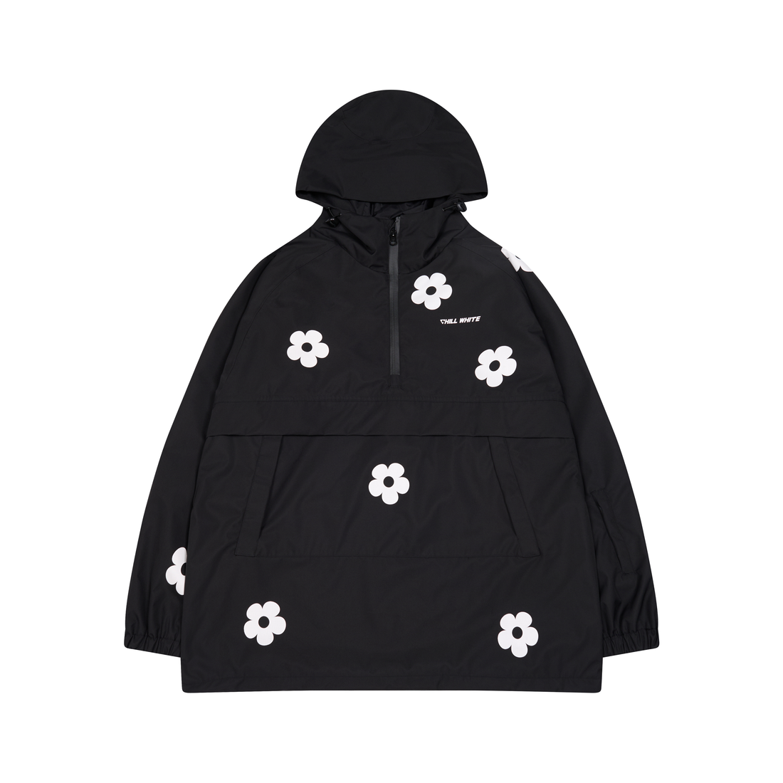 Black hooded jacket with white floral patterns on a white background