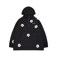 Black hooded jacket with white floral patterns on a white background