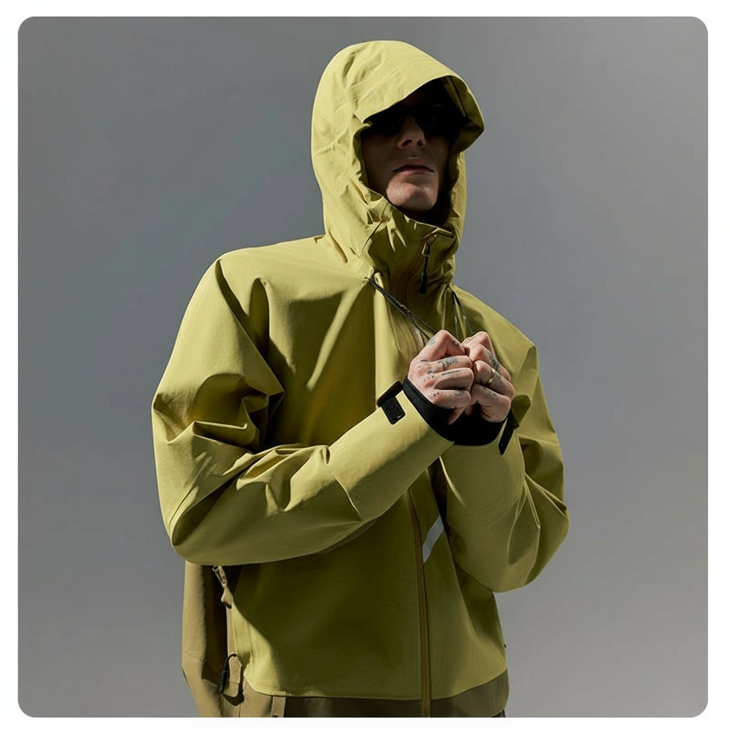 Person wearing a yellow snowboarding jacket