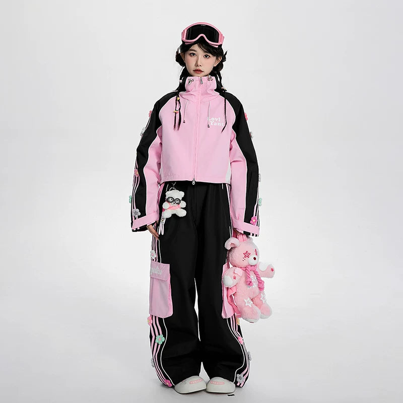 Lovely Ant Sweet Pink & Black Color-Blocked Ski Suit Set