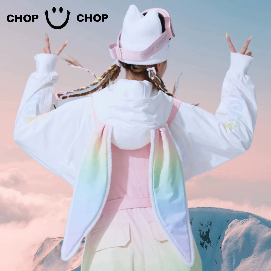 CHOPCHOP Rainbow Bunny Gradient Waterproof Snow Hoodie and Bibpants