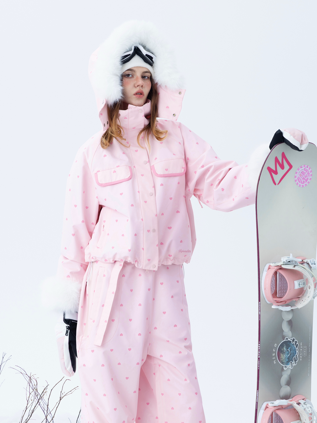 Molocoster Pink Heart Fur-Trimmed Ski Suit Set