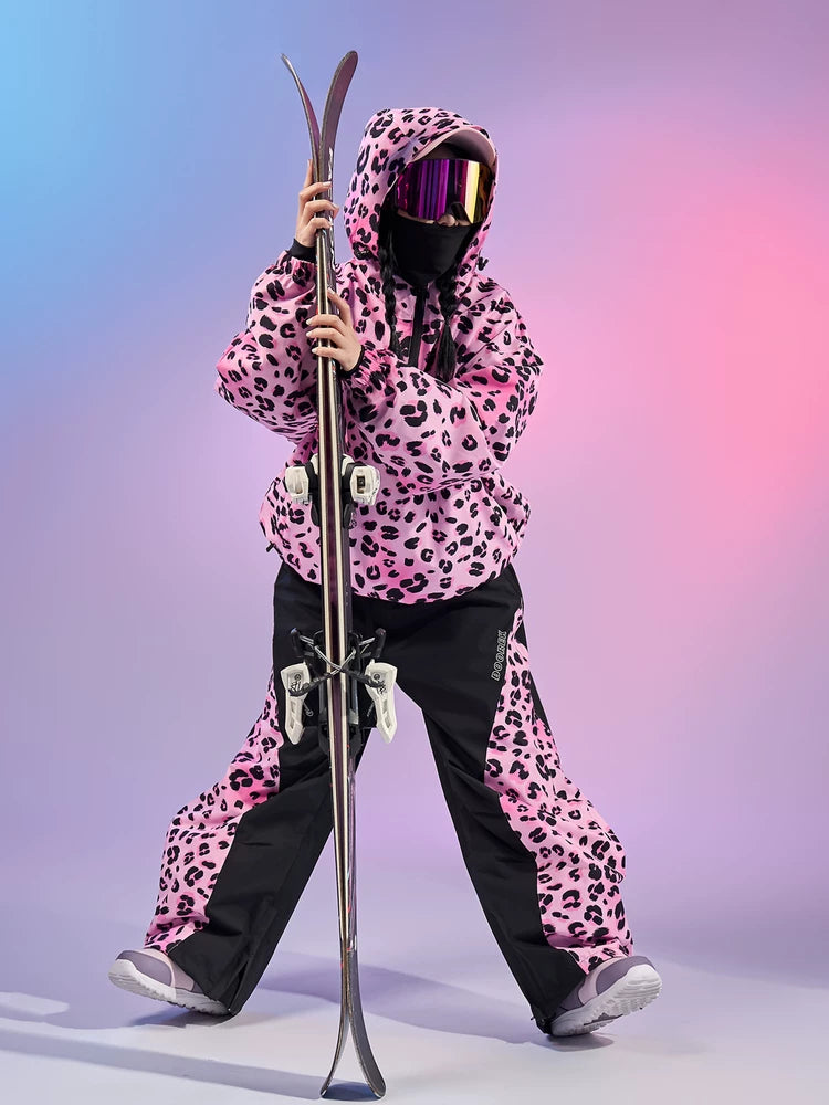 DOOREK Pink Leopard Print Waterproof Ski Suit Set