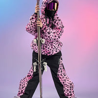 DOOREK Pink Leopard Print Waterproof Ski Suit Set
