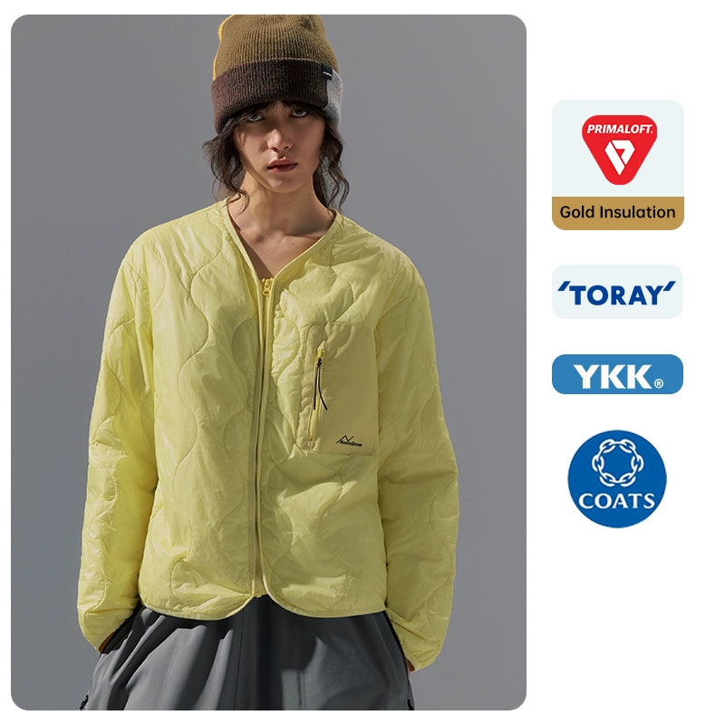 Person wearing a yellow jacket with brand logos on a gray background