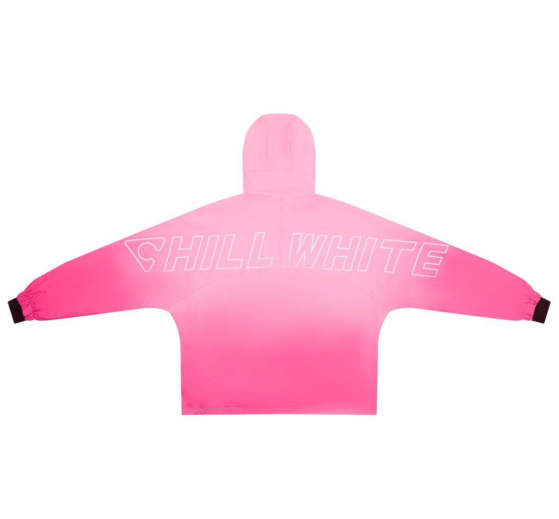 Pink hoodie with 'CHILL WHITE' text on a white background