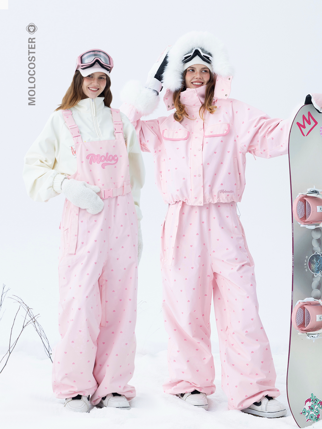 Molocoster Pink Heart Fur-Trimmed Ski Suit Set