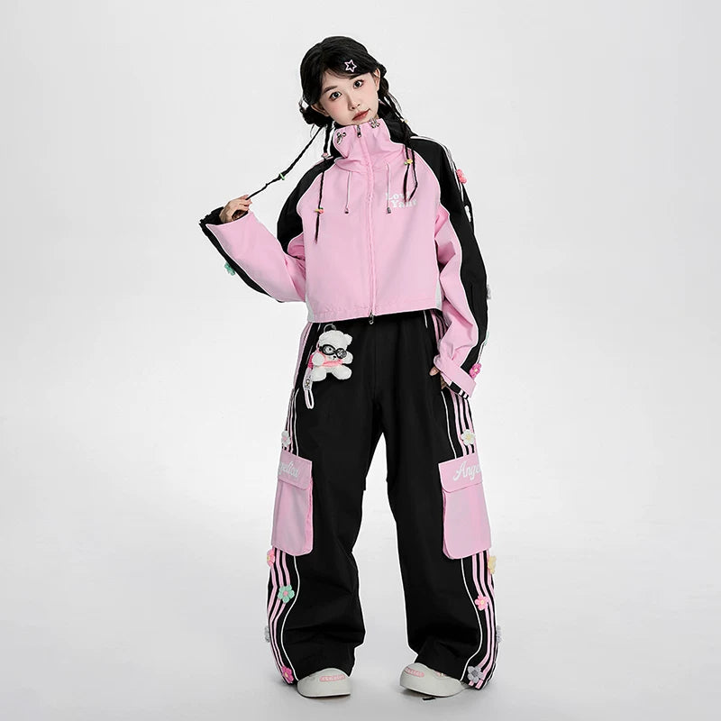 Lovely Ant Sweet Pink & Black Color-Blocked Ski Suit Set