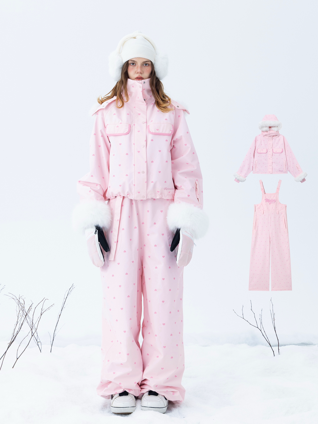 Molocoster Pink Heart Fur-Trimmed Ski Suit Set