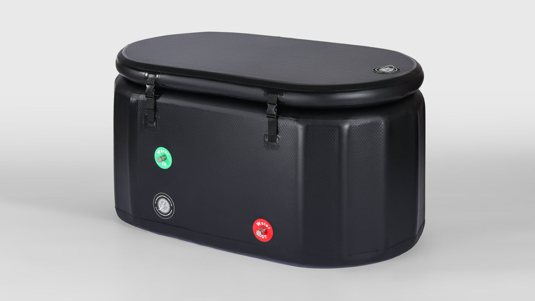 A compact, black inflatable ice bath tub , designed for easy portability and versatile use in cold water therapy or relaxation routines.