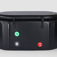 Front view of a compact, black inflatable ice bath tub