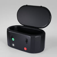 A compact, black inflatable ice bath tub with opening lid