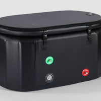 Slightly right view of a compact, black inflatable ice bath tub
