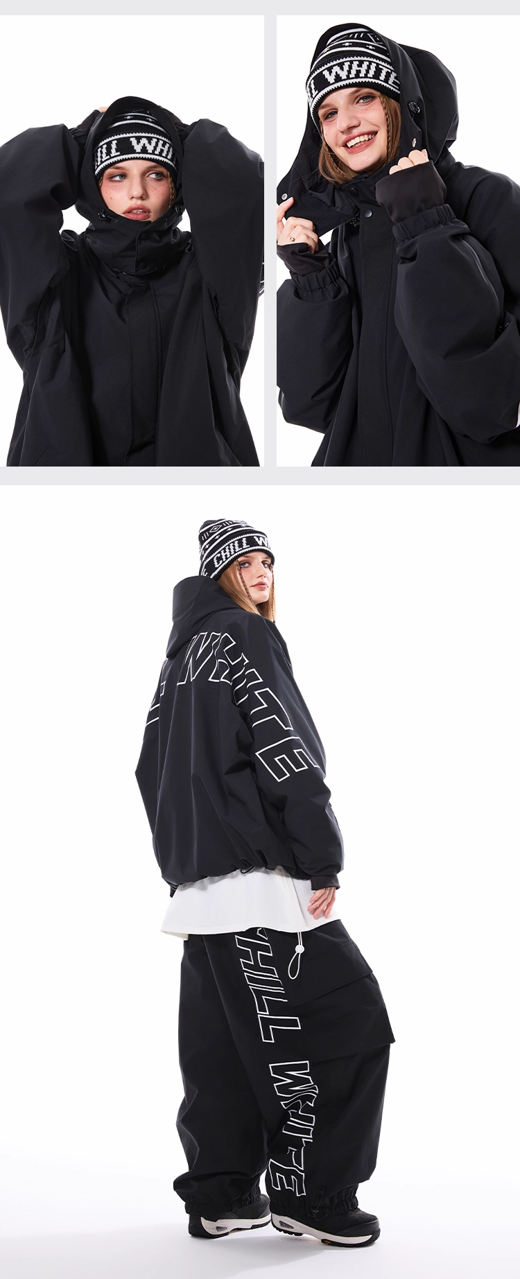 Person wearing a black outfit with text design, posing against a white background.