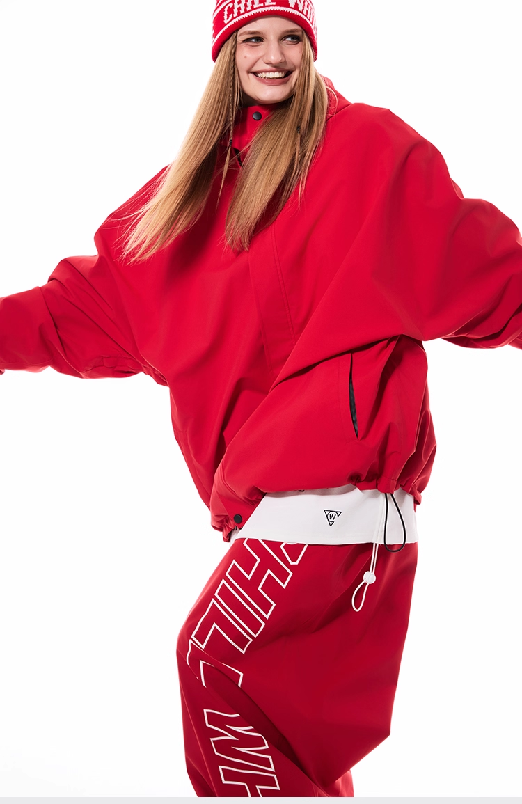 Person wearing a red outfit with visible branding on a white background