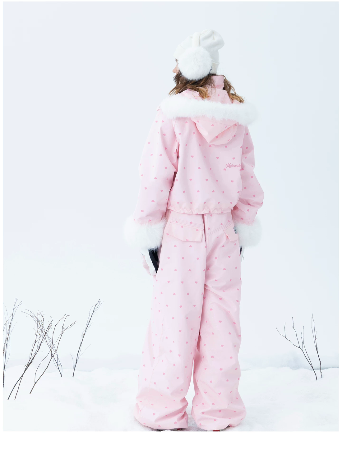 Molocoster Pink Heart Fur-Trimmed Ski Suit Set