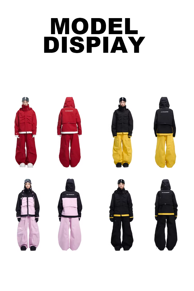 Display of various outfits in different colors with text &